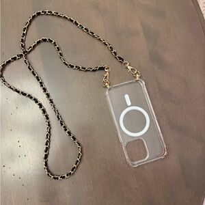 NWOT Transparent Phone Case with Black and Gold Chain Strap fits 16 Pro IPhone